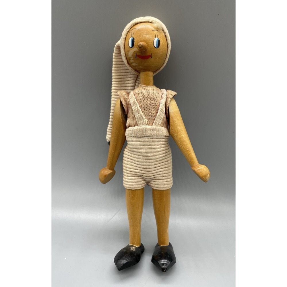 Vintage 1950's 7" Tall‎ Hand Made Polish Wooden Jointed Peg Pinocchio Doll